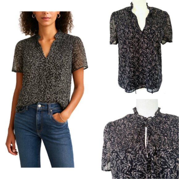 PETITE ASSEMBLY Black Printed Tie Neck Short Sleeve Blouse Size LP - Picture 1 of 12